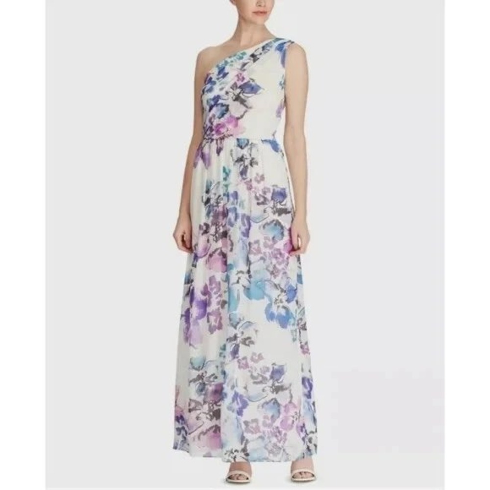 Lauren Ralph Lauren One Shoulder Floral Maxi Dress Chiffon Sz 12 White Purple